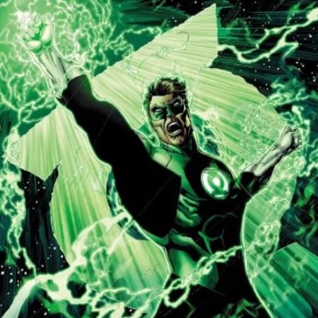 Green Lantern is holding the ring as power is coming out of it.